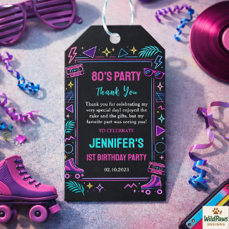 Étiquettes-cadeau Fête d'anniversaire 1 an néon rétro moderne 80's