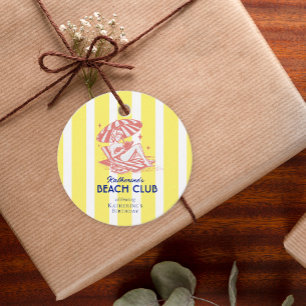 Étiquettes Cadeau Fête d'anniversaire à rayures jaunes cabane Beach