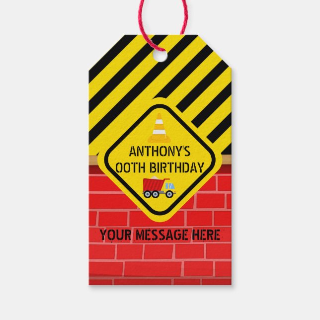 Étiquettes-cadeau Fête d'anniversaire à thème de construction (Devant)
