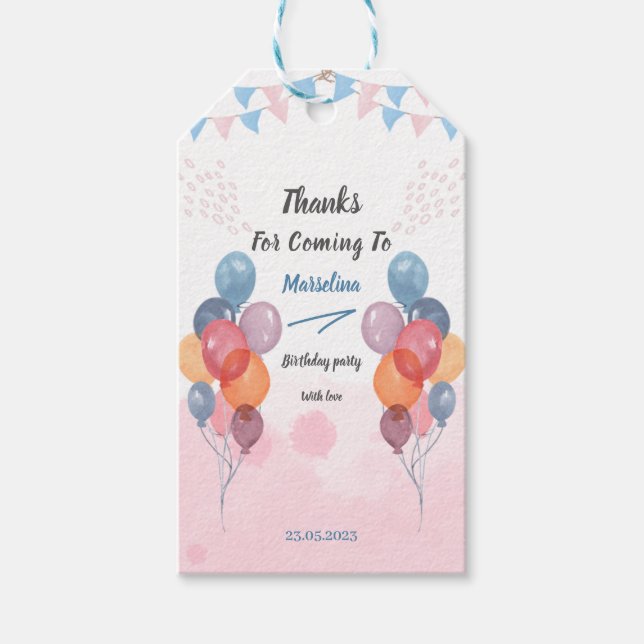 Étiquettes-cadeau Fête d'anniversaire de fille au ballon d'aquarelle (Devant)