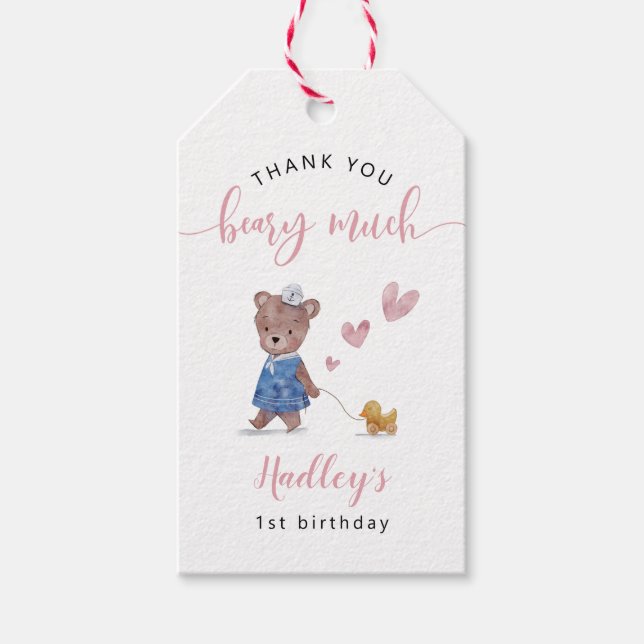 Étiquettes-cadeau Fête d'anniversaire de fille Marin Teddy Bear  (Devant)