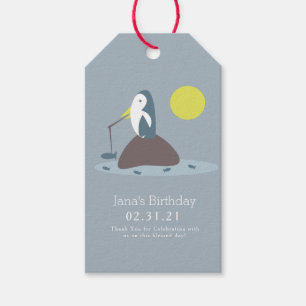 Étiquettes-cadeau Fête d'anniversaire de pêche au pingouin mignon