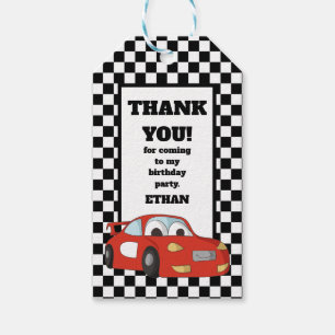 Étiquettes-cadeau Fête d'anniversaire de voiture de course rouge noi