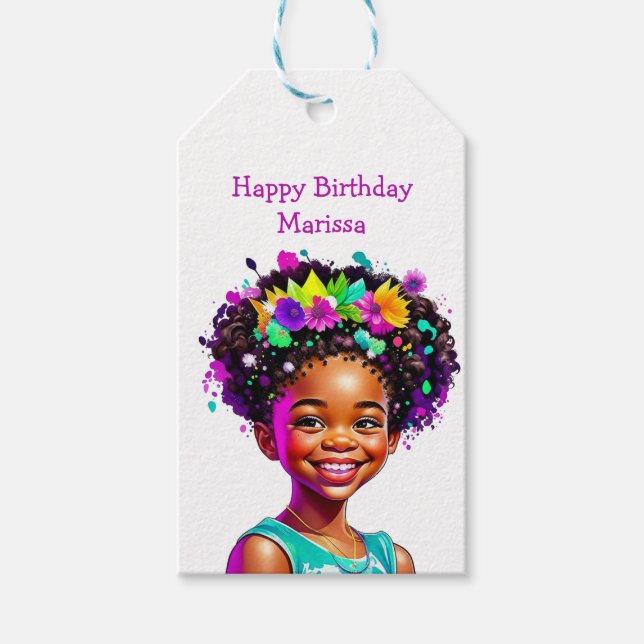 Étiquettes-cadeau Fête d'anniversaire Fille afro-américaine personna (Devant)