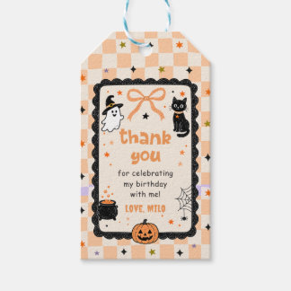 Étiquettes-cadeau Fête d'anniversaire Halloween à carreaux orange