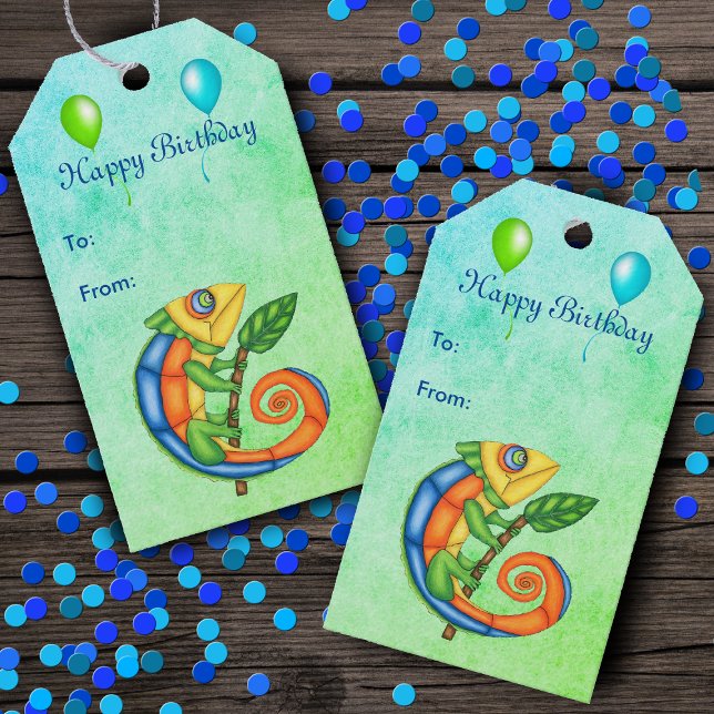 Étiquettes-cadeau Fête d'anniversaire Lizard Ballons bleu vert (Vibrantly coloured lizards sticks with leafs and festive balloons on blue green birthday gift tags.)