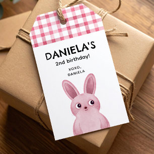 Étiquettes-cadeau Fête d'anniversaire rose pour les filles avec lapi