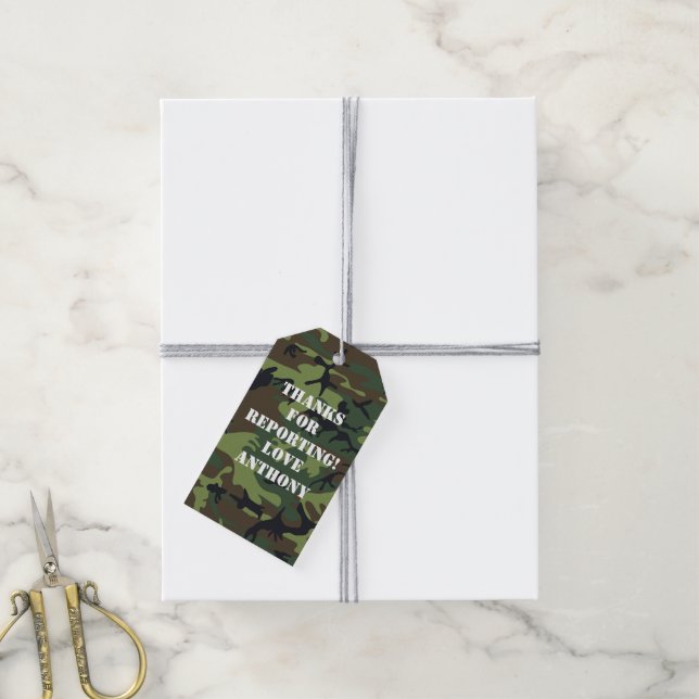 Étiquettes-cadeau Fête d'anniversaire sur le thème de l'armée (Avec de la ficelle)