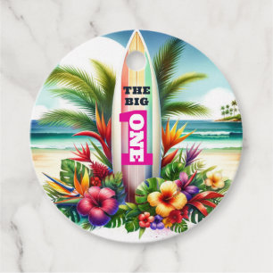 Étiquettes Cadeau Fête d'anniversaire Tropical Surfboard The Big ONE
