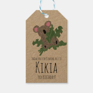 Étiquettes-cadeau Fête d'anniversaire verte animal koala dessiné à l