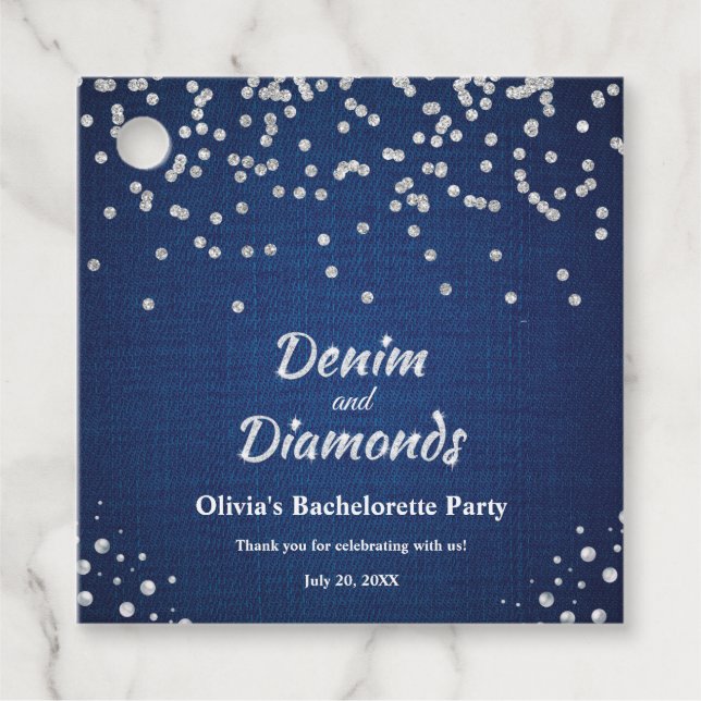 Étiquettes Cadeau Fête de Bachelorette en Denim Bleu Élégant et Diam (Devant)