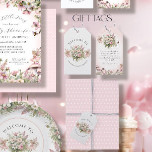 Étiquettes-cadeau Fête de bébé fille rose florale fée Cottagecore