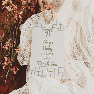Étiquettes-cadeau Fête de bébé neutre à carreaux avec un nœud vert d