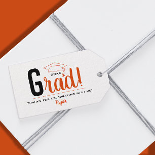 Étiquettes-cadeau Fête de la casquette de graduation orange et noir 