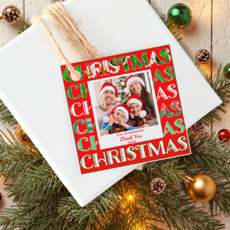 Étiquettes Cadeau Fête de la Photo de Famille Rouge Vert Retro Noël
