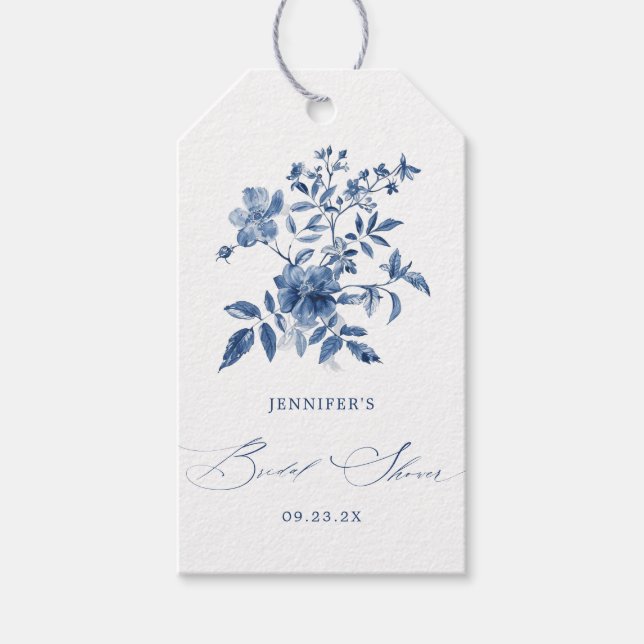 Étiquettes-cadeau Fête de mariage floral en Chinoiserie bleue (Devant)