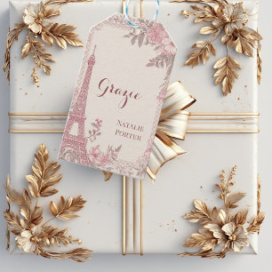 Étiquettes-cadeau Fête de Mariage Paris Tour Eiffel Flore Rose Pâle