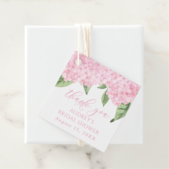 Étiquettes Cadeau Fête de mariage personnalisée avec des hortensias  (En situation)