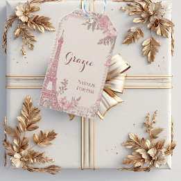 Étiquettes-cadeau Fête de Mariée Paris Tour Eiffel Fleurs Rose Pâle