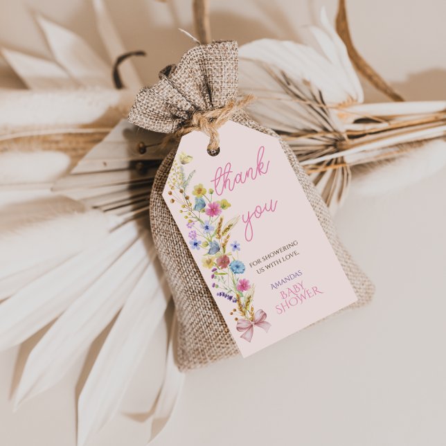 Étiquettes-cadeau Fête de naissance de bébé fille Fleur sauvage rose (Créateur téléchargé)