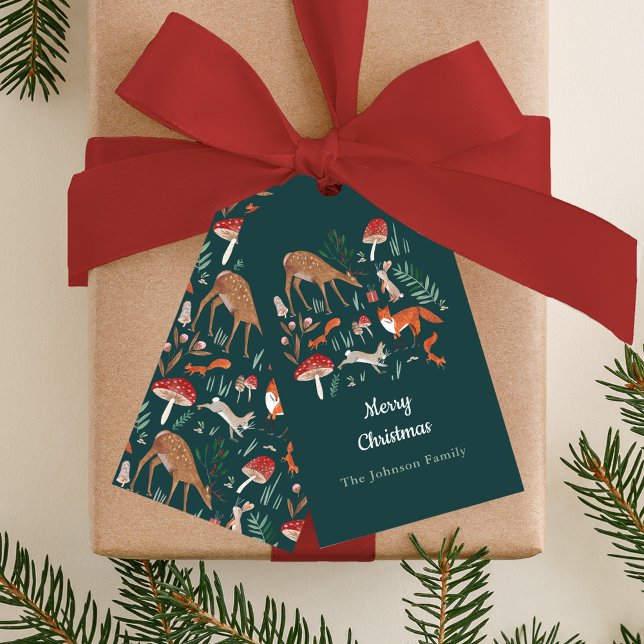 Étiquettes-cadeau Fête de Noël verte pour les animaux des bois (Woodland Animals Green Christmas Party Invitation Gift Tags)