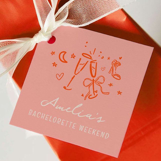 Étiquettes Cadeau Fête de week-end d'enterrement de vie de jeune fil (Pink and Red Sketch Bachelorette Weekend Party Favor Gift Tags)