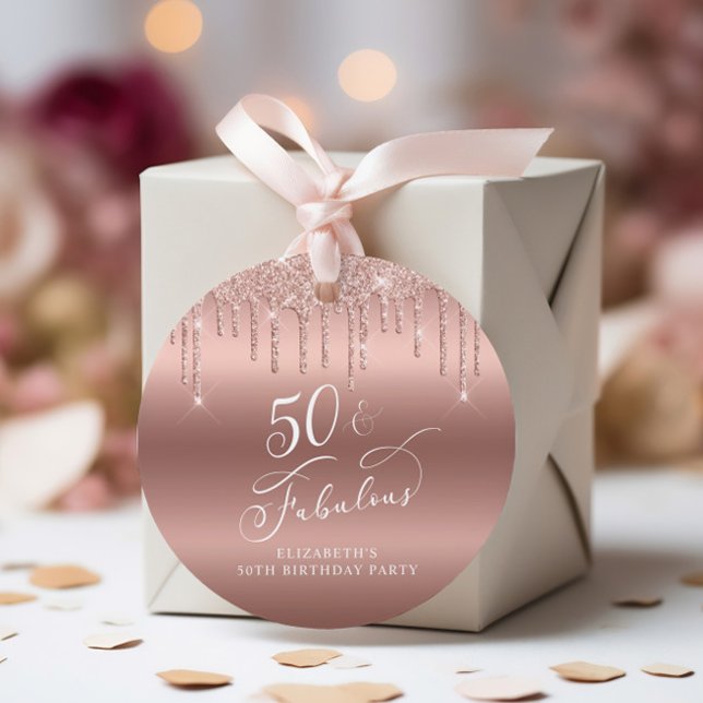 Étiquettes Cadeau Fête des 50 ans Rose Gold Paillettes Merci (Créateur téléchargé)