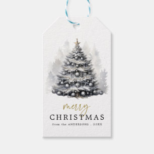 Étiquettes-cadeau Fête des arbres de Noël noirs et blancs