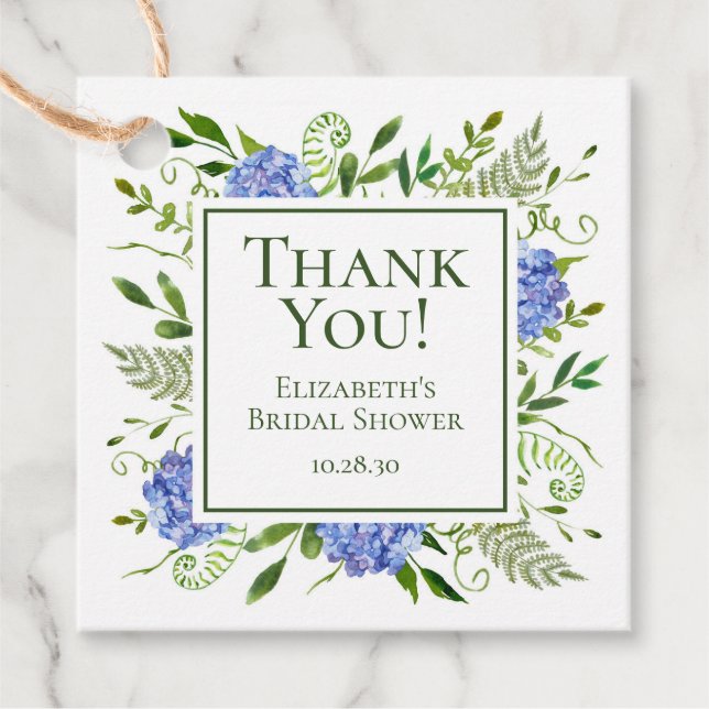 Étiquettes Cadeau Fête des mariées Blue Hydrangeas Merci (Devant)