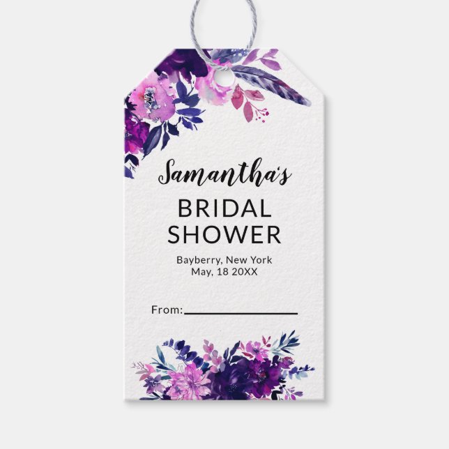 Étiquettes-cadeau Fête des mariées d'affichage florale pourpre encha (Devant)