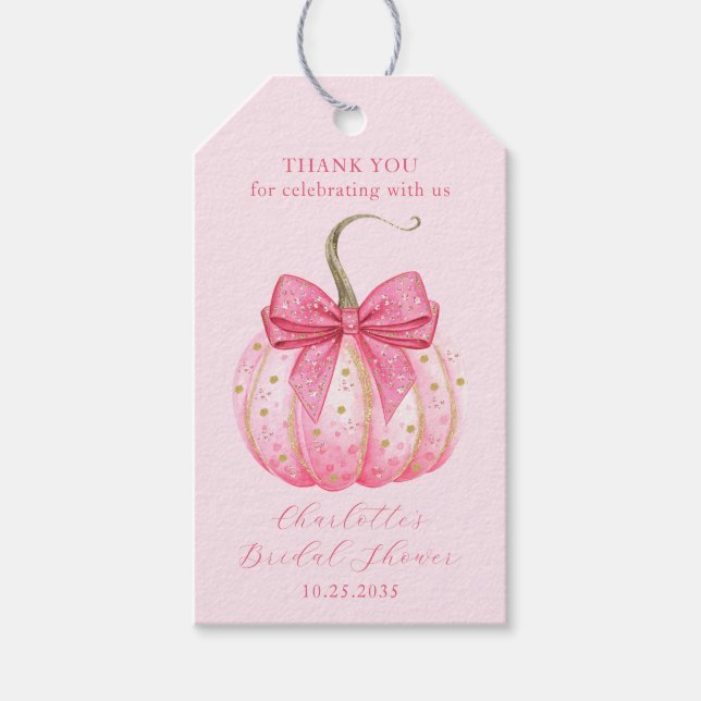 Étiquettes-cadeau Fête des mariées d'Halloween Merci Citrouille rose (Devant)