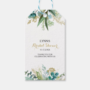 Étiquettes-cadeau Fête des mariées d'or vintage et d'eucalyptus vert