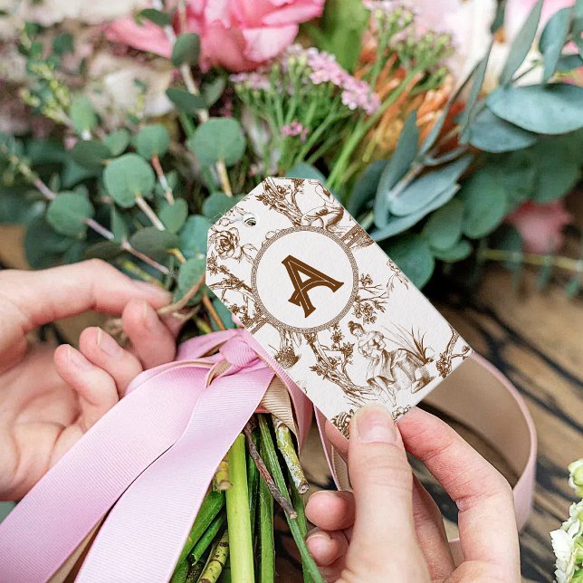 Étiquettes-cadeau Fête des mariées Toile de Jouy Brown et blanche (Créateur téléchargé)