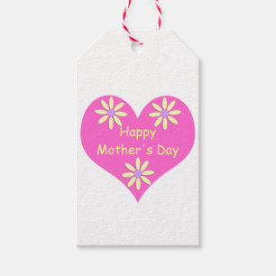 Étiquettes-cadeau Fête des mères Coeur rose et Fleurs jaunes