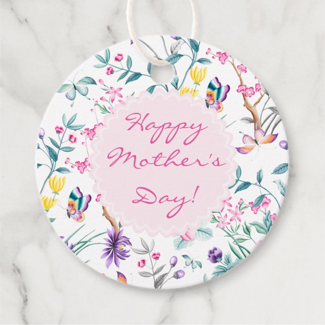 Étiquettes Cadeau Fête des Mères Fleurs et Papillons Élégants (Devant)