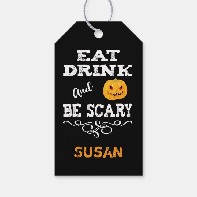 Étiquettes-cadeau Fête d'Halloween Manger Boire & être Effrayant Vis (Devant)