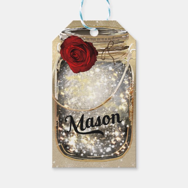 Étiquettes-cadeau Fête du pot Mason Rose Rouge Pailletée Or Glamour (Devant)