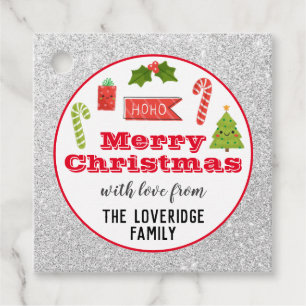 Étiquettes Cadeau Fête Joyeux Noël Rouge Parties scintillant argent