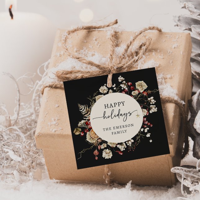 Étiquettes Cadeau Fête noire (Happy Holidays Black Boho Botanical Christmas Favor Tags
)