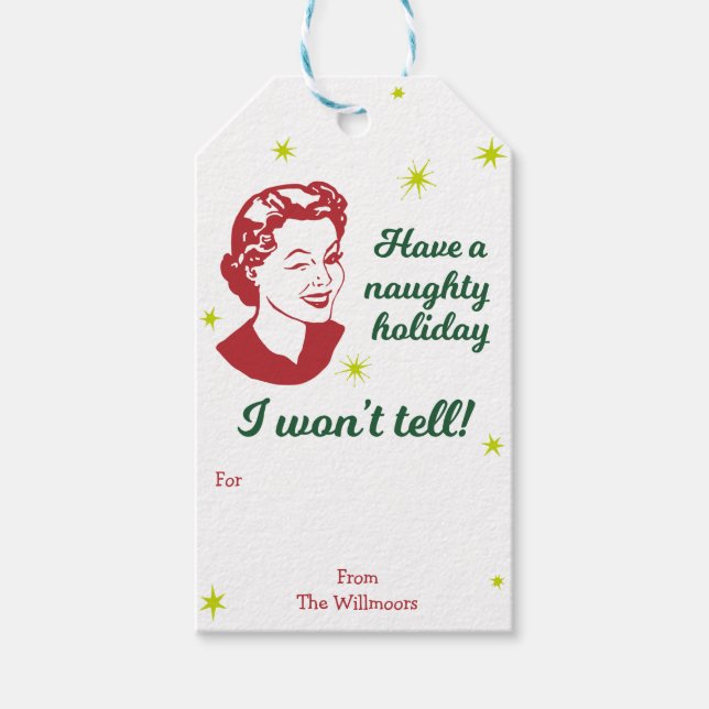 Étiquettes-cadeau Fête Retro Naughty | Balises cadeaux | Blanc (Devant)
