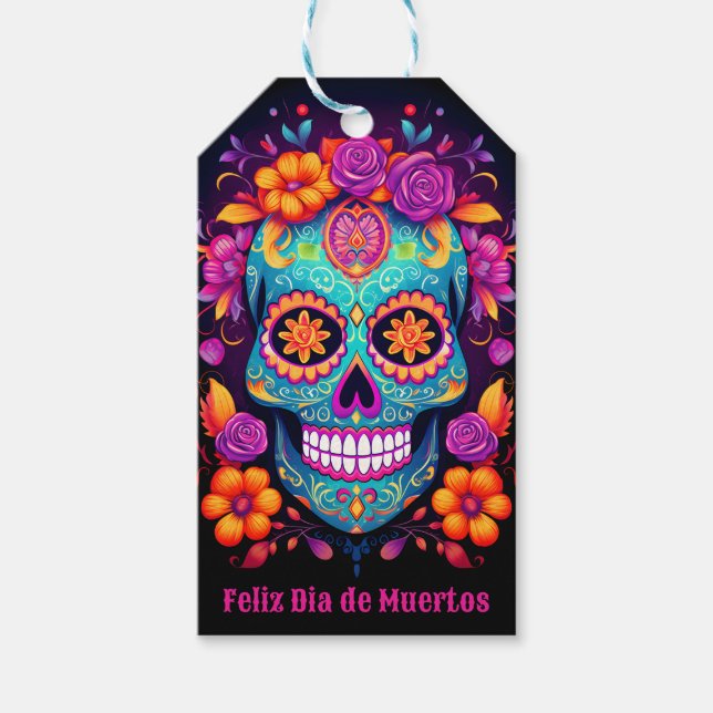 Étiquettes-cadeau 🌹 Fête Whimsical : Sérénade de crâne de sucre 🌹 (Devant)