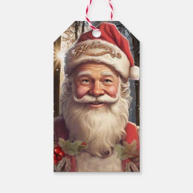 Étiquettes-cadeau Fêtes de Noël Santa Claus forêt enneigée (Devant)