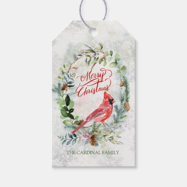 Étiquettes-cadeau Feuillage de verdure, Noël cardinal aux oiseaux (Devant)