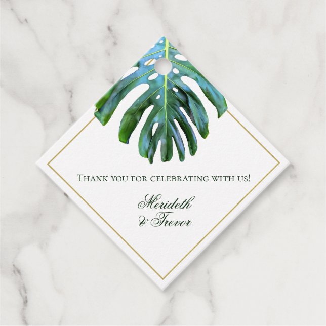 Étiquettes Cadeau Feuille élégante de Monstera verte tropicale dorée (Devant)