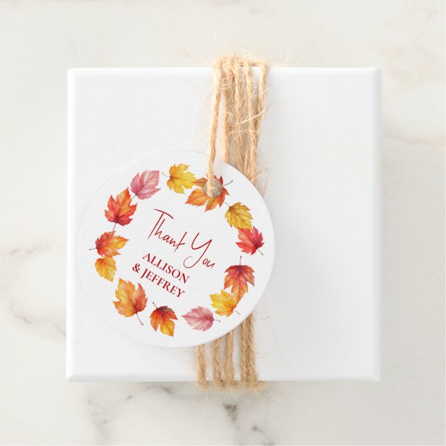 Étiquettes Cadeau Feuilles automne Mariage moderne rouille brûlée (En situation)
