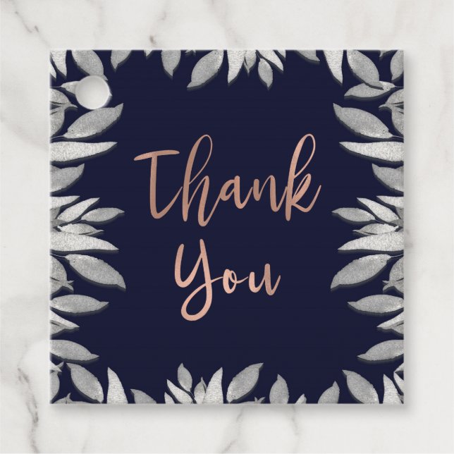 Étiquettes Cadeau Feuilles d'argent Glam botanique bleu rose Merci (Devant)