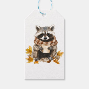 Étiquettes-cadeau Feuilles d'automne confortable raccoon avec tasse 