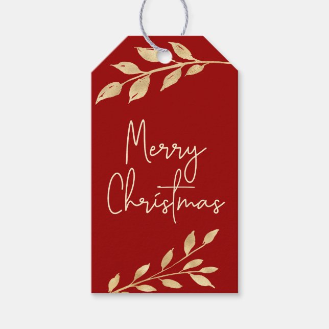 Étiquettes-cadeau Feuilles d'or de Noël moderne en rouge (Devant)