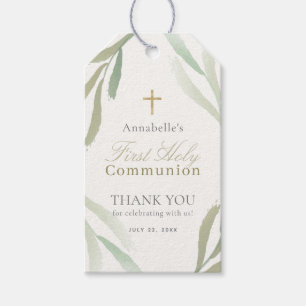 Étiquettes-cadeau Feuilles vertes naturelles Première communion sain