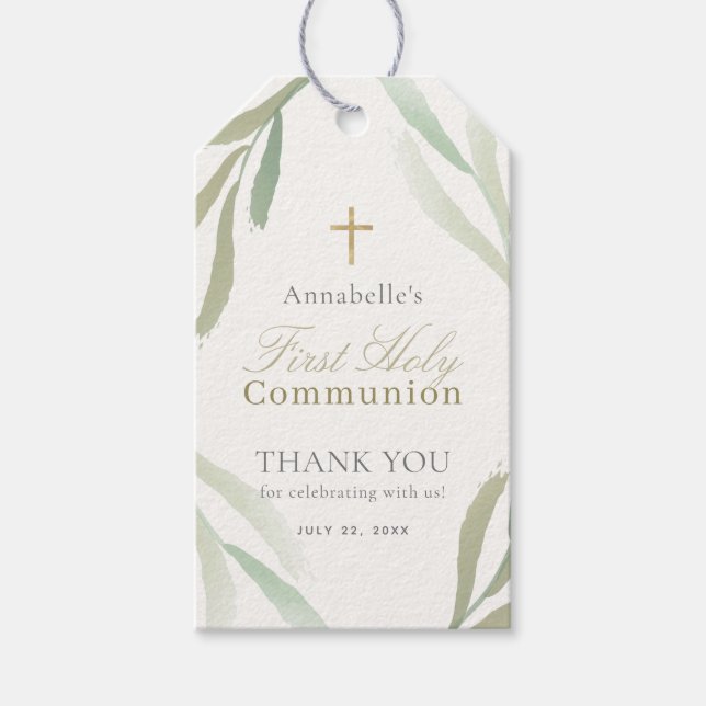 Étiquettes-cadeau Feuilles vertes naturelles Première communion sain (Devant)